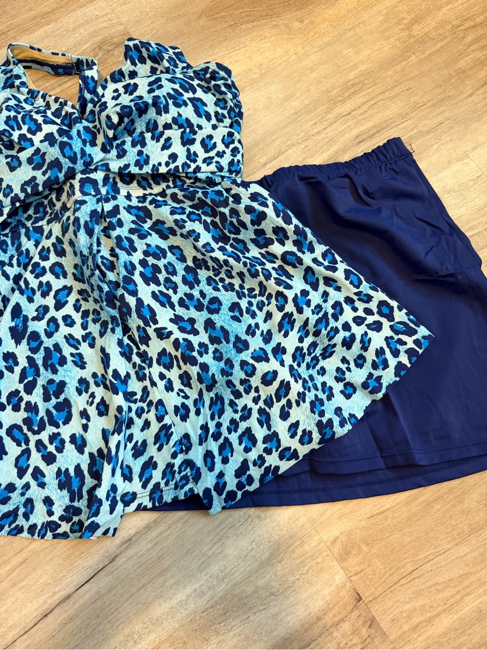 Kim Gravel Blue Leopard Print Swim Dress with Navy Skirt